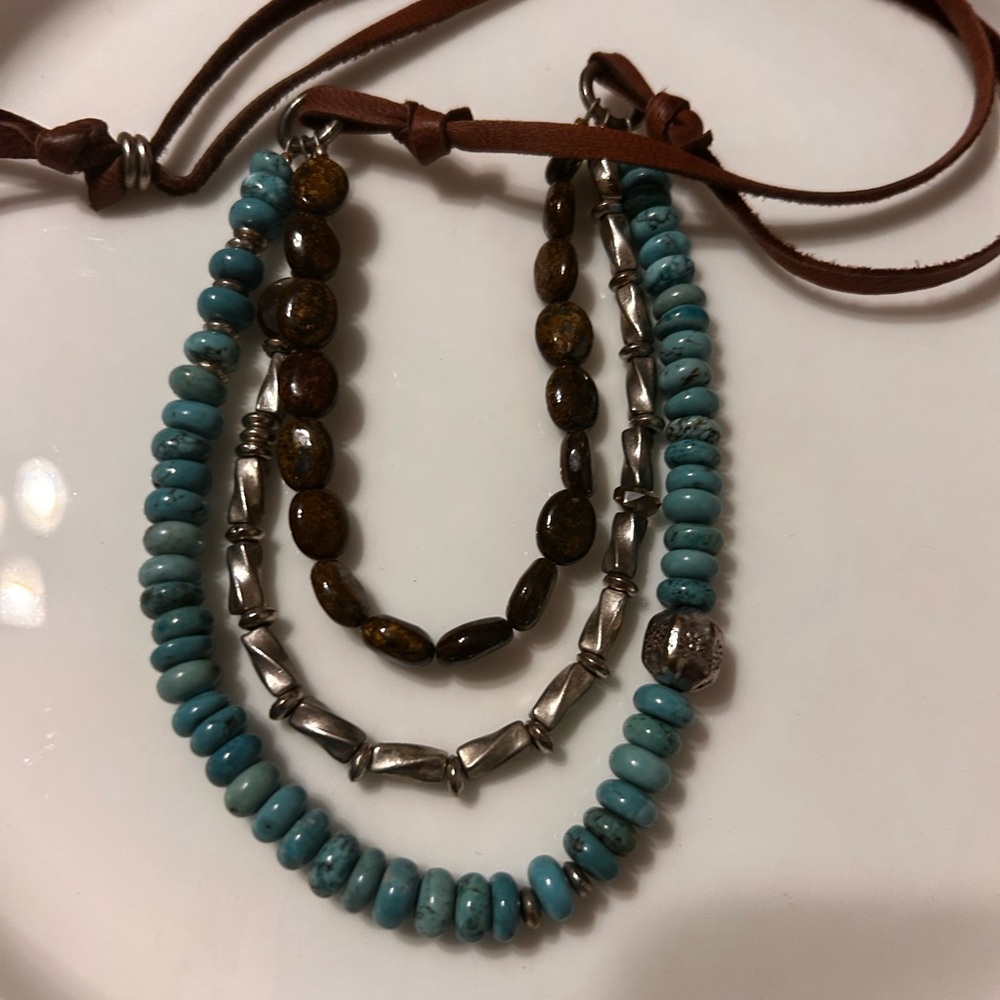 Western Turquoise Silver Long Adjustable Necklace Leather